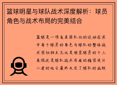 篮球明星与球队战术深度解析：球员角色与战术布局的完美结合