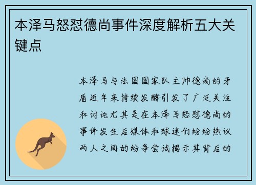 本泽马怒怼德尚事件深度解析五大关键点